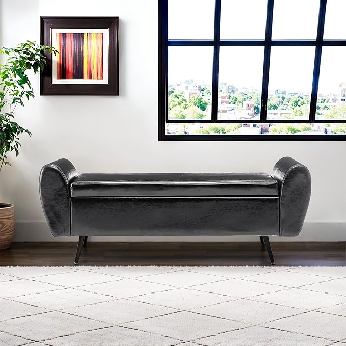 Storage Bench for Bedroom, 55" Extra Long Bench for King Size Bed, Modern Upholstered End of Bed Ottoman Bench with Arms for Entryway Living Room (Vegan Leather, Black)