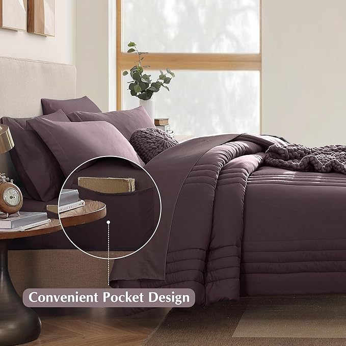 Monbix Queen Comforter Set - 7 Pieces ltalian Plum Bed in a Bag Queen Bedding Sets with Comforters, All Seasons Comforter Bed Set with Sheets, Pillowcases & Shams