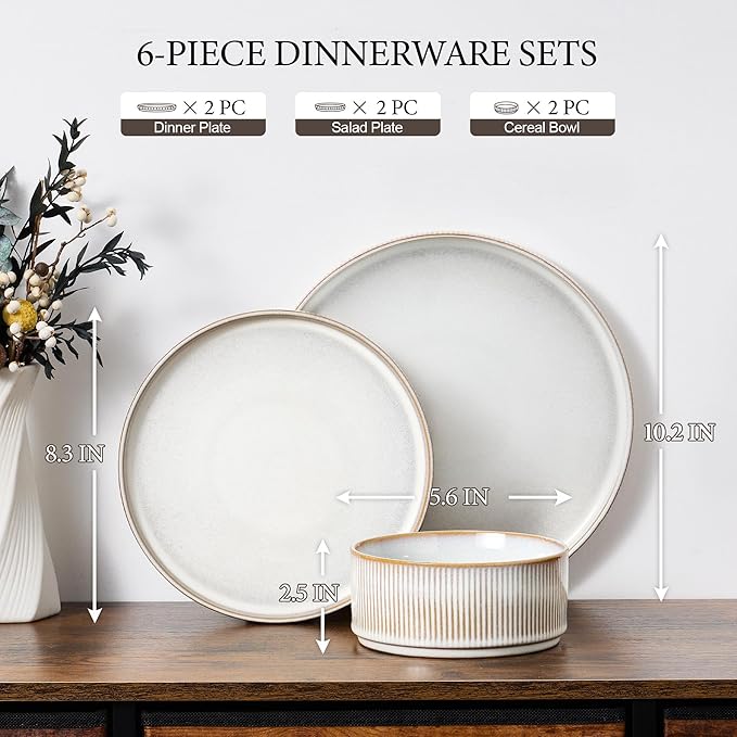 E-far Stoneware Dinnerware Sets for 2, 6-Piece Plates and Bowls Sets, Chip & Scratch Resistant Ribbed Dish Set for Home Restaurant, Microwave & Dishwasher Safe, Creamy Beige