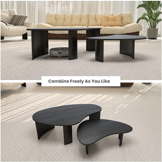 Black Coffee Table Set of 2, Nesting Coffee Tables with Wood Grain Veener, Simple Modern Cloud Shaped Center Table for Living Room