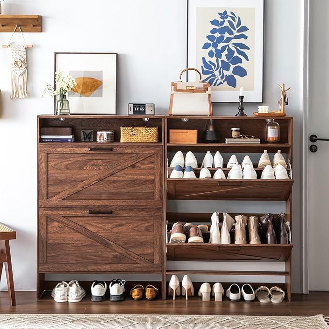 RWYHG Shoe Cabinet Storage for Entryway with 2 Flip Drawers Open Storage Layer Rack Narrow Organizer Slim Hidden Wood Shoe Cabinet Furniture Walnut