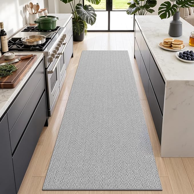 LUMI Ultra Thin Runner Rug for Hallway 2.7'x12', Non-Slip Entryway Rug with Rubber Backing, Unique Herringbone Design for Hallway, Entry, Kitchen, Patio, Gray