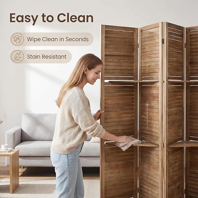 Bluecat 4 Panel Folding Room Divider with Shelves, Portable Lightweight Privacy Screen for Bedroom Home Office, No Assembly Required, Natural