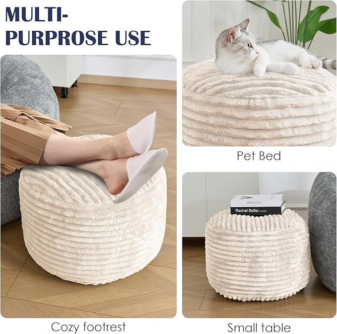 SHOUREN Stuffed Round Pouf Ottoman,Corduroy Foot Rest with Shredded Foam Filling, Lightweight and Fluffy Pouf Storage Ottoman for Living Room,Floor Poufs for Couch,20"x15", Beige