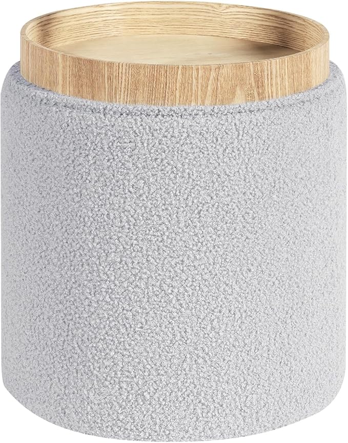 PINPLUS Round Boucle Ottoman with Tray, Storage Teddy Velvet Footstool Ottoman Cube for Living Room, Bedroom, Dorm 13.4"x13.4"x15" (Grey)