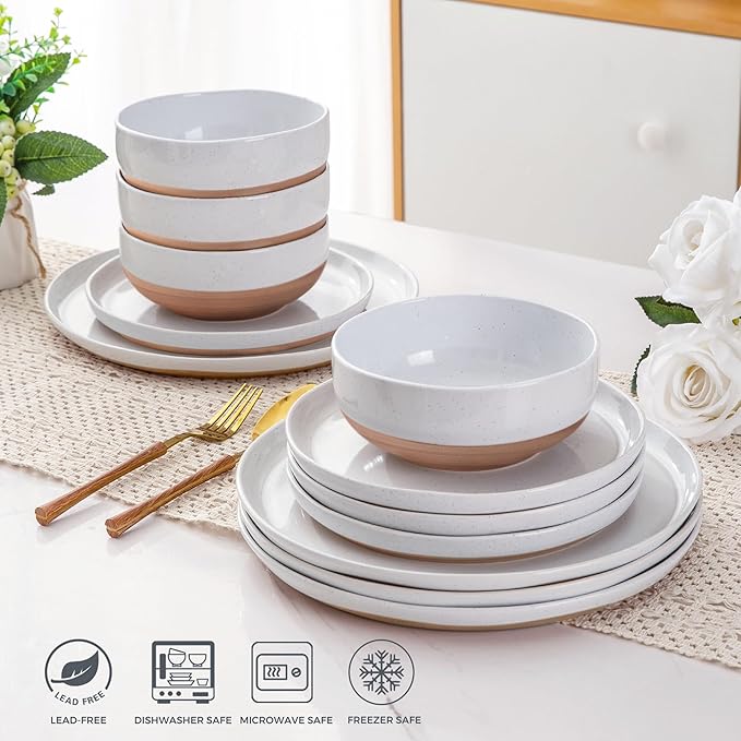 AmorArc Ceramic Dinnerware Sets with Pasta Bowls for 4, Handpainted Plates and Bowls Set with Rustic Terracotta Underside, Scratch Resistant Dishes Set, Dishwasher & Microwave Safe, 16 Pcs