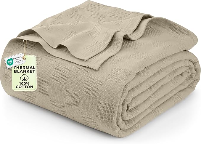 Utopia Bedding 100% Cotton Thermal Blanket Khaki King Size Soft, Lightweight, Breathable, Cozy Spring and Summer Blankets for Bed, Home Room Decor Gifts for Women and Men (90x108 Inches)