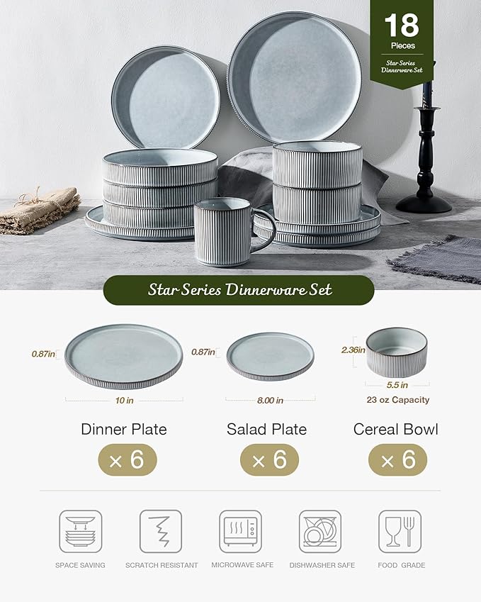 Famiware Star 18-Piece Reactive Glaze Plates and Bowls Sets, Service for 6 - Stoneware Dinnerware with Trim, Modern Rustic Dishes, Chip & Scratch Resistant, Microwave & Dishwasher Safe, Smoky Blue