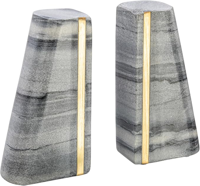 Main + Mesa Modern Marble Bookends with Brass Detail, Set of 2, Grey