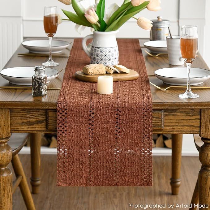 Artoid Mode Caramel Farmhouse Woven Rustic Hollow Table Runner, Seasonal Holiday Hollow Kitchen Dining Table Decoration for Home Party Decor 12x48 Inch