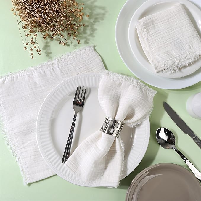 FINGERCRAFT Cloth Napkins Natural Cotton Cheesecloth Set of 12 Premium Fringe Design Dinner Napkin Soft Durable Ideal for Dining Room, Restaurant, Weddings Events Washable Good Absorbency White