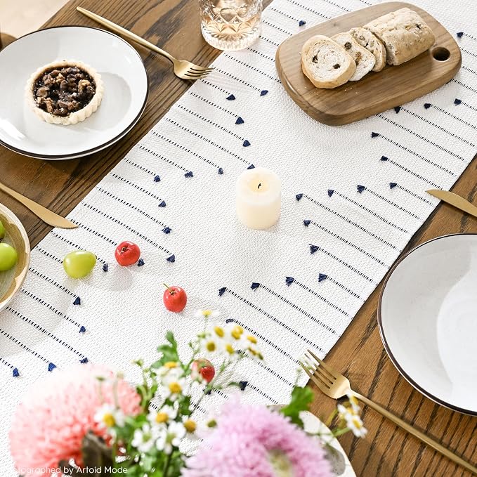 Artoid Mode Dark Blue Boho Table Runner for Farmhouse Rustic，Seasonal Holiday Macrame Burlap Kitchen Dining Table Decoration for Home Party Decor 12x36 Inch