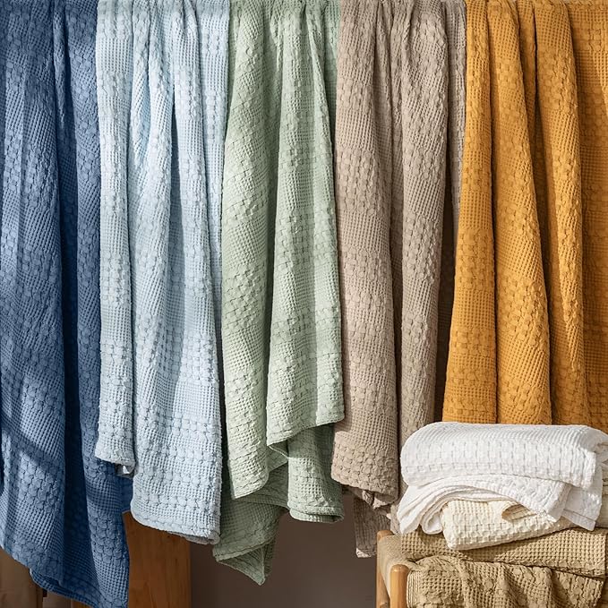 PHF 100% Cotton Waffle Weave Blanket Queen Size for Bed, Soft Lightweight & Breathable for Spring and Summer, All-Season Comfort, Luxury Aesthetic Blanket for Home Decor, 90"x90", Dusty Sage
