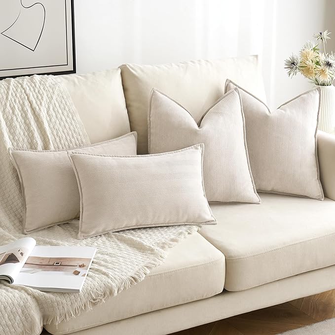 MIULEE Pack of 2 Cream Beige Decorative Pillow Covers 22x22 Inch Soft Chenille Couch Throw Pillows Farmhouse Cushion Covers Euro Shams with Elegant Design for Sofa Bedroom Living Room Spring Decor