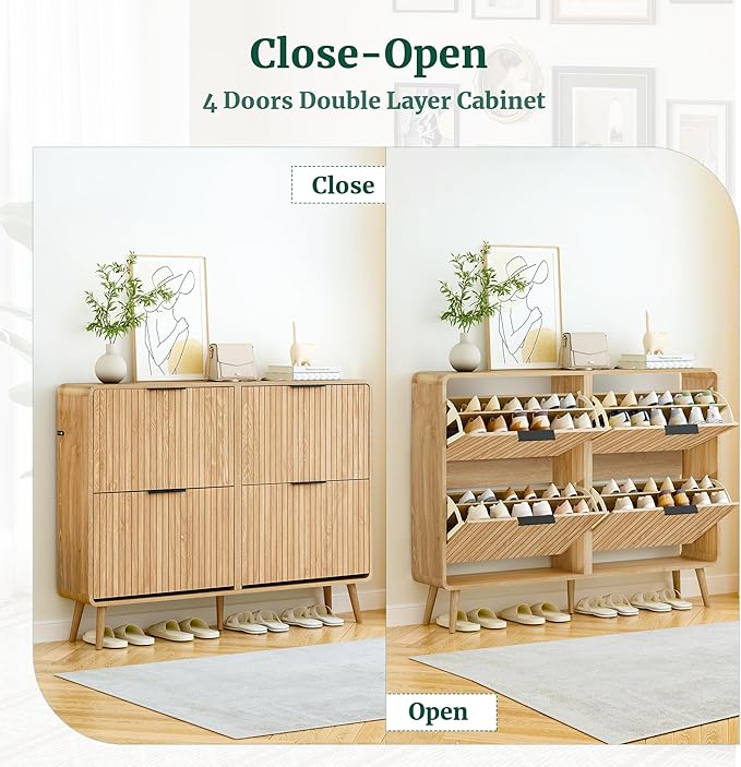 FurSch 47" Fluted Large Shoe Cabinet with 4 Flip Drawers, Slim Freestanding Shoe Cabinet Organizer, Narrow Shoes Storage Rack for Entryway, 5 Sturdy Legs (All Natural, 9.45" D x 47.24" W x 35.83" H)