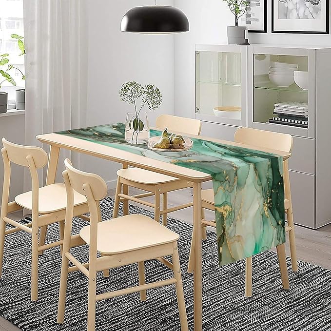 Marble Table Runner,Abstract Green Jade Gold Luxury Flow Liquid Modern Home Vintage Stone Pattern Table Runner for Coffee Table Dining Room Table Bedroom Party Holiday Decor 13x36inch