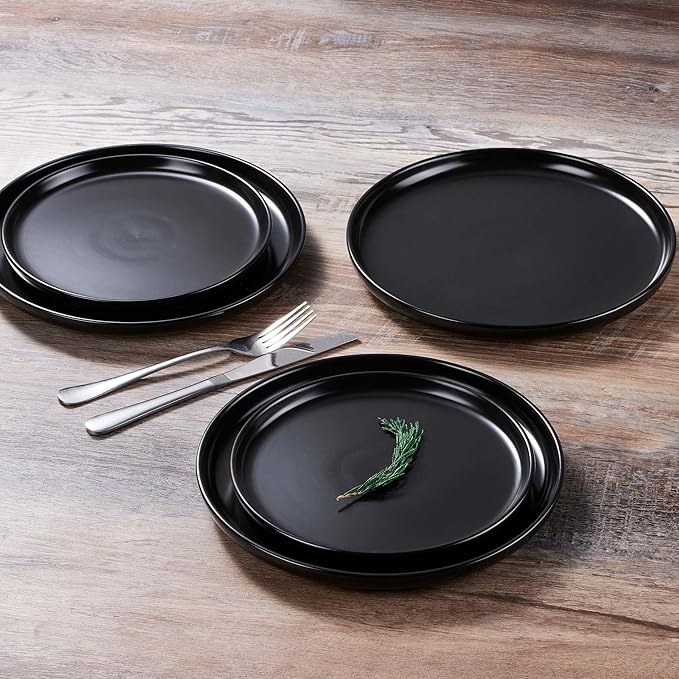 LIANYU 16 Piece Dinnerware Sets with Double Bowls for 4, Modern Ceramic Plates and Bowls Set, Kitchen Round Dinning Ware Dishware Set, Microwave and Dishwasher Safe, Black Onyx