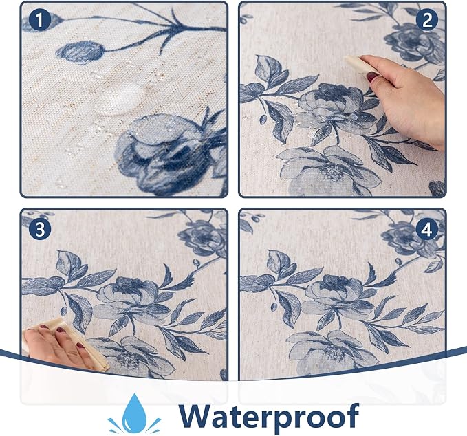 MYSKY HOME Rectangle 60x84 Inches, Tablecloth Linen Farmhouse Tablecloth Waterproof Decorative Grey Fabric Table Cloth for Kitchen Dining Floral Tablecloth for 8 Feet Table Blue Flower Tablecloth