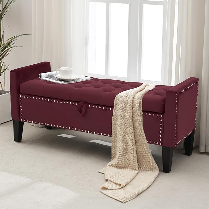 Velvet Ottoman with Storage, 46'' Upholstered Button Tufted End of Bed Bench with Arms, Modern Storage Bench for Living Room, Bedroom, Entryway, Purple