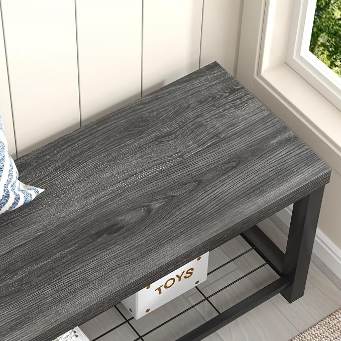 FOLUBAN Industrial Shoe Storage Bench for Entryway Hallway, Rustic Indoor Shoe Rack Bench Seat for Living Room Bedroom, 43.3 Inch Dark Gray