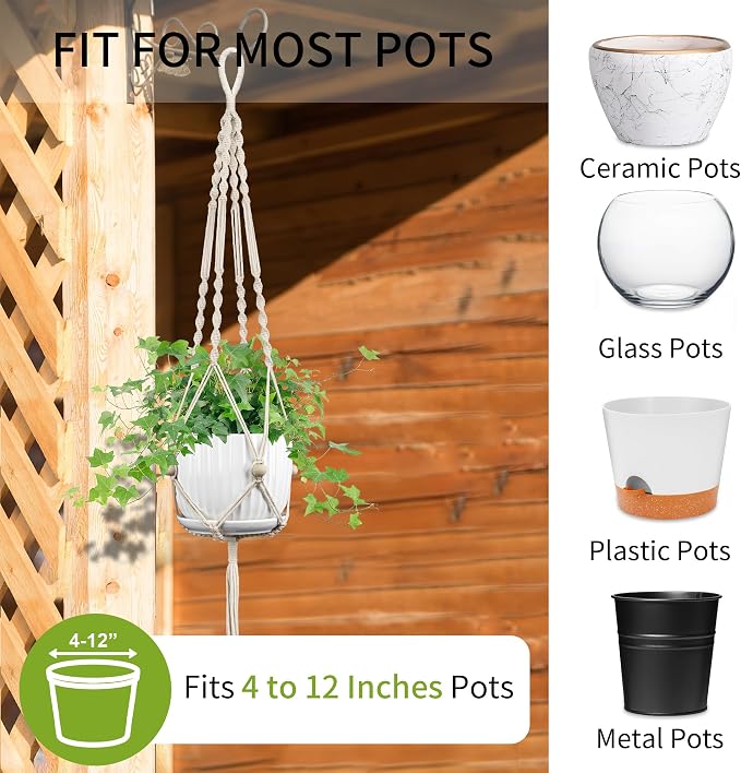 Macrame Plant Hanger - Fits 4-12 Inch Pots, Hanging Planter Holder for Indoor Outdoor, Cotton Rope with Tassels Boho Home Decor, 44 Inch, Set of 2, Ivory
