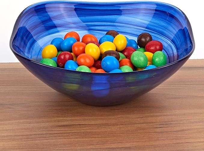 WORLD GIFTS Elegant and Modern Murano Style Art Glass Colorful Centerpiece Squarish Bowl for Home Decor-Cobalt Alabaster,Set of 2,6in