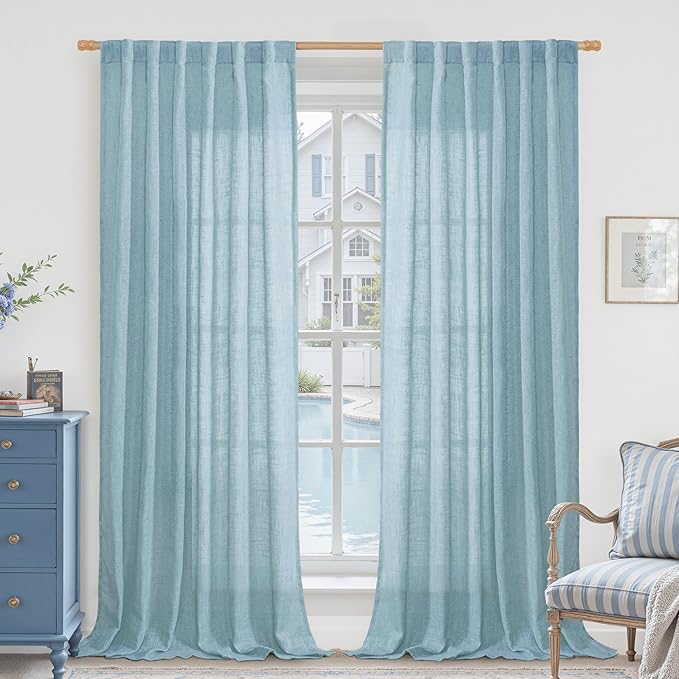 LAMIT Linen Curtains 95 Inches Long for Living Room, Back Tab and Rod Pocket Semi Sheer Panels Light Filtering Farmhouse Drapes for Bedroom/Dining Room, Stone Blue, Set of 2, 52 x 95 Inch