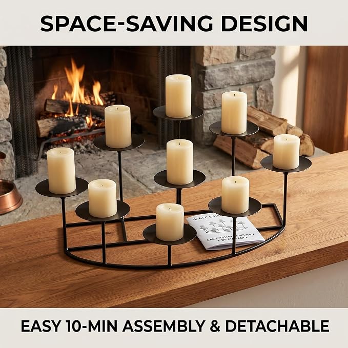 9-Tier Fireplace Candelabra Candle Holder, Modern Geometric Matte Black Metal Candle Stand with Stable Curved Base, 9 Pillar Candle Holder Centerpiece for Mantel, Table, Christmas, Wedding Decor