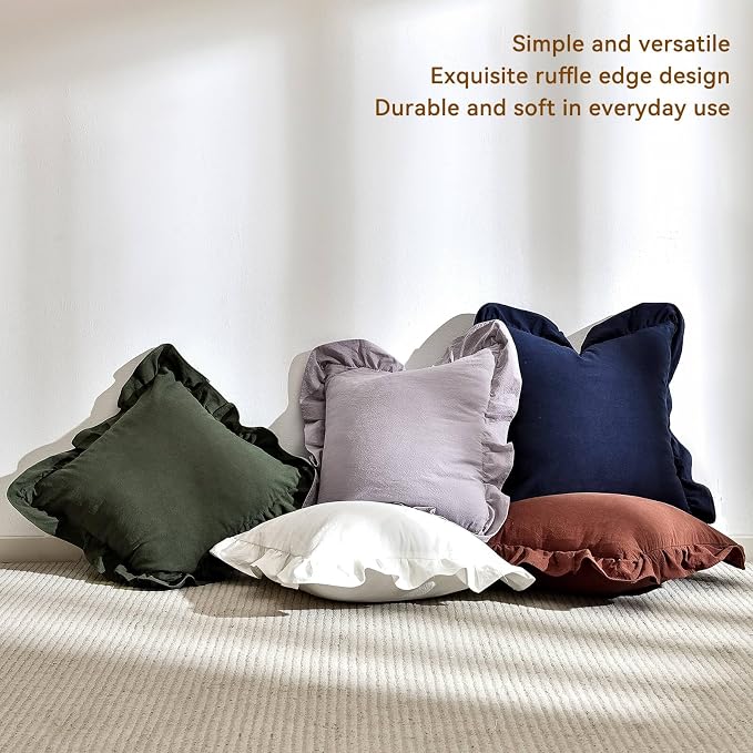 AmHoo Pack of 2 Throw Pillow Covers 100% Cotton Pre Washed Ruffle Decorative Pillowcase Cushion for Couch Sofa Bedroom 20 x 20-Inch Cream White