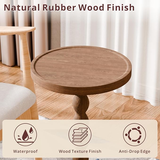 Small Side Table, Rubberwood‌ Drink Table for Small Spaces, Solid Wood Pedestal Coffee Tables, Round End Tables for Living Room, Sofa Couch, Bedroom, Corners, and Office (Brown, 11.81 inch)
