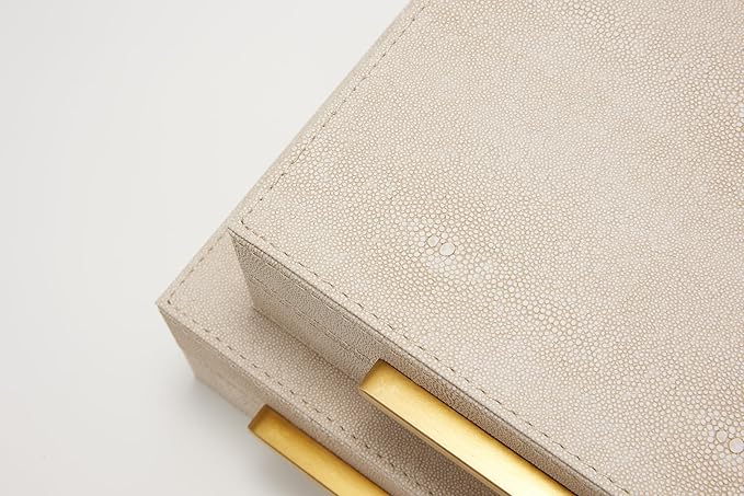 Sagala Set of 2 Ivory Shagreen Decorative Boxes With Brushed Gold Metal Handles, Faux Leather Jewelry Boxes Modern Storages Photo Memory Boxes Home Organizer Boxes (Ivory-Gold, 2pack)