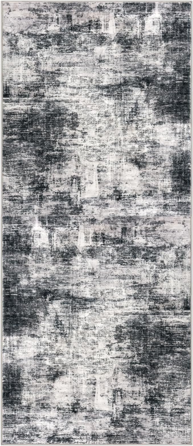 IOHOUZE Abstract Runner Rug 3x7 Ft Washable Runners for Hallways, Non Slip Kitchen Runner Printed Faux Wool Entryway Runner Indoor, Floor Carpet for Hall Kitchen Bedroom, Black Grey