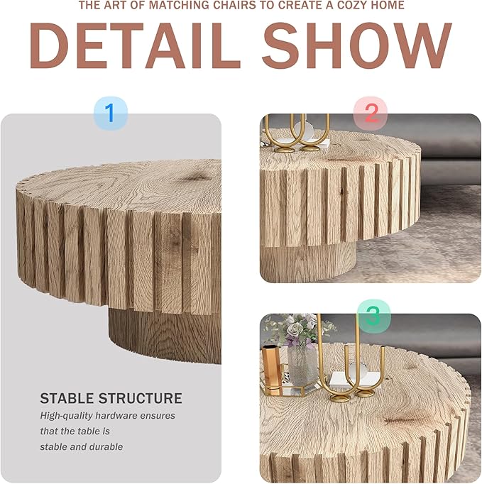 Circle Coffee Table 31.5" Rustic Round Wood Center Table Accent Drum End Tea Table for Living Room Apartment Small Space,with Fluted Relief Side, Natural