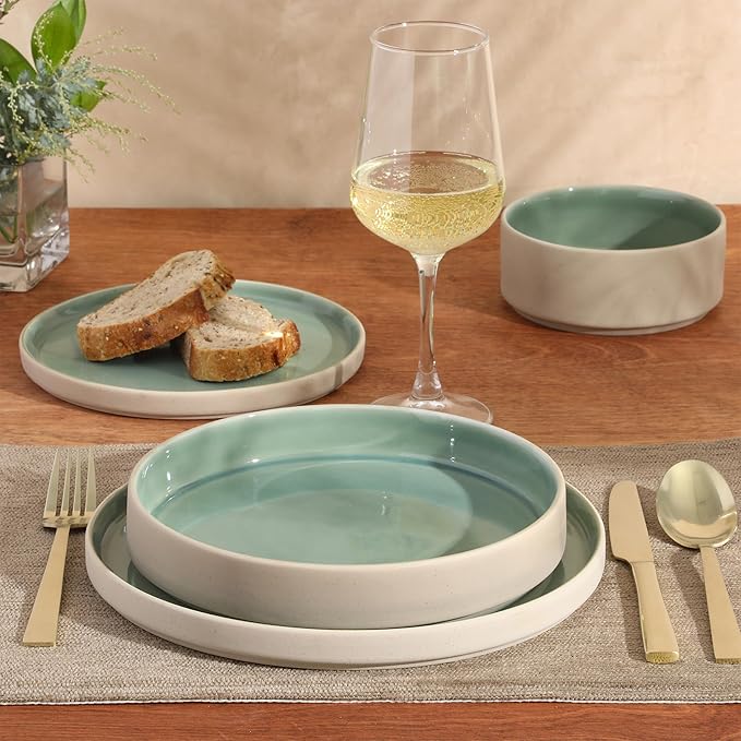 Gibson Elite Liberty Bay 16-Piece Pottery Clay Stoneware Dinnerware Set – Mint Green Reactive Glaze, Stackable Plates and Bowls W/Pasta Bowl, Service for 4 – Microwave & Dishwasher Safe