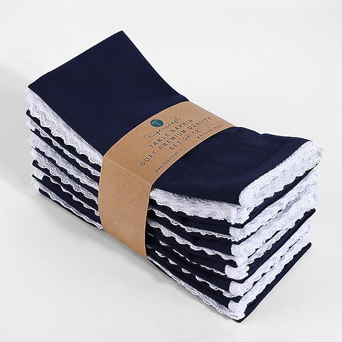 Fingercraft Dinner Cloth Napkin Cotton Linen Set of 12 Mitered Corners with Natural Elegant Lace for Everyday Use Napkins are Pre Shrunk and Good Absorbency with Lace 20x20 in Navy Easter Color
