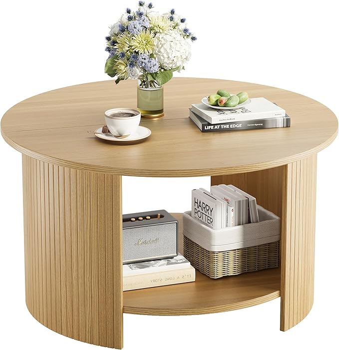 Round Coffee Table with Storage, 31.5" Modern Fluted Center Table, 2-Tier Mid Century Coffee Table, Wood Circle Table for Living Room, Home Office, Small Space, Oak