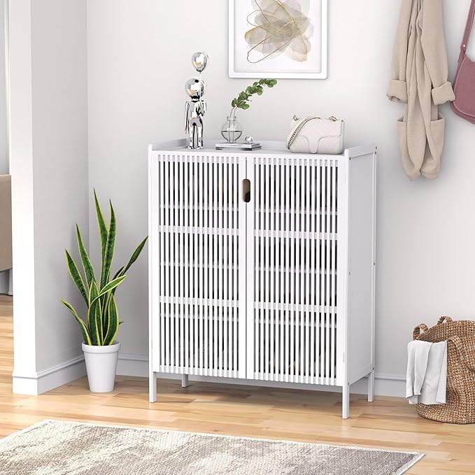 Shoe Cabinet, 20 Pair Farmhouse Shoe Organizer Cabinet, Freestanding Bamboo Wooden Shoe Storage Cabinet with Grille Doors, 5-Tier Narrow Shoe Cabinet for Entryway Hallway, White