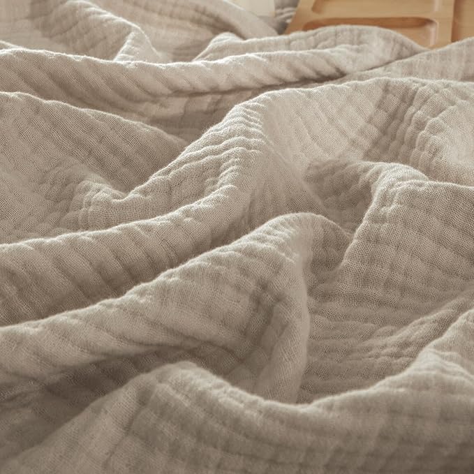 PHF 100% Cotton Muslin Throw Blanket 50" x 60", 4-Layer Lightweight Gauze Throw, Breathable Cloud-Soft Minimalist Blanket for Bed, Couch, Camping, Taupe, Ideal Gift