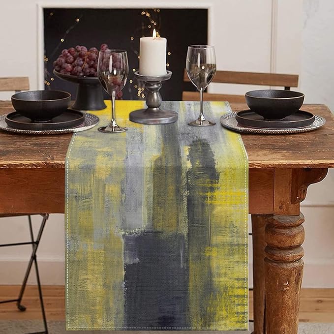 Emvency Modern Table Runner, Yellow and Grey Abstract Art Painting for Kitchen Coffee Table Family Dinners Holiday Parties Wedding Events Decor(13x72 inch)