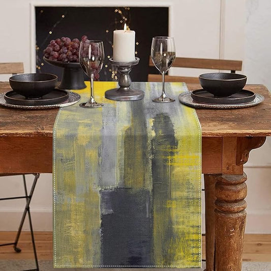 Emvency Modern Table Runner, Yellow and Grey Abstract Art Painting for Kitchen Coffee Table Family Dinners Holiday Parties Wedding Events Decor(13x72 inch)