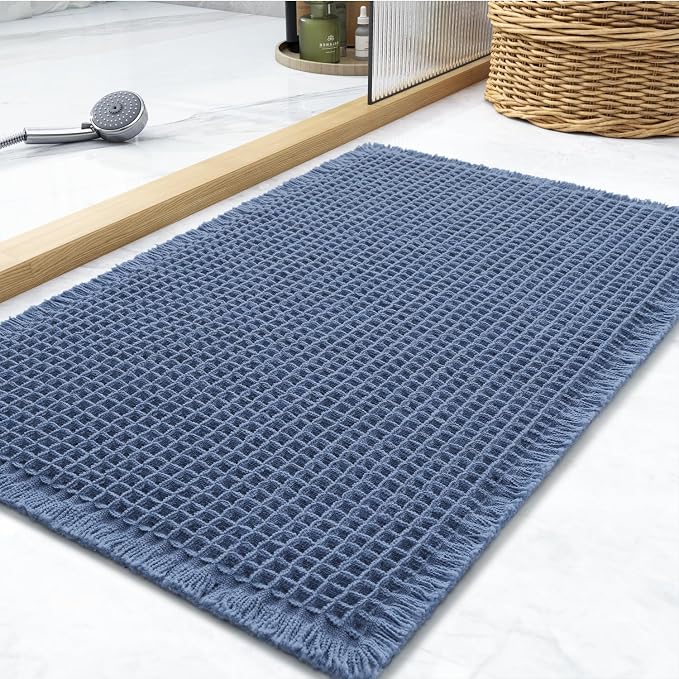 Waffle Bath Mat Rug, Super Absorbent Non Slip Bath Mats for Bathroom Mat Ultra Soft Bathmat Machine Washable Bathroom Rugs with Tassels, Bath Rugs for Bathroom Floor Beside Tub, 24" x 36", Blue