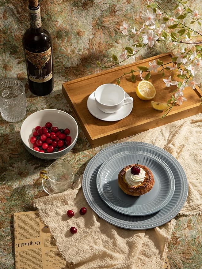Famiware Garden Plates and Bowls Set for 6, 18-Piece Kitchen Dishes Dinnerware Set - Microwave and Dishwasher Safe, Scratch Resistant, Reactive Glaze and Embossed Stoneware Tableware, Bluish Grey