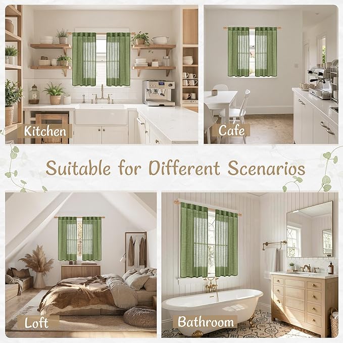LAMIT 40 Inch Sage Green Linen Curtains for Kitchen Windows Over Sink, Semi Sheer Light Filtering Panels Back Tab and Rod Pocket Spring Decor Drapes for Bathroom/Windows/Cafe, 2 Panels, 34 x 40 Inch