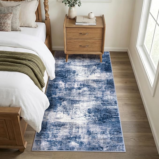 IOHOUZE Abstract Runner Rug 3x7 Ft Washable Runners for Hallways, Non Slip Kitchen Runner Printed Faux Wool Entryway Runner Indoor, Modern Abstract Floor Carpet for Hall Kitchen Bedroom, Navy/Grey