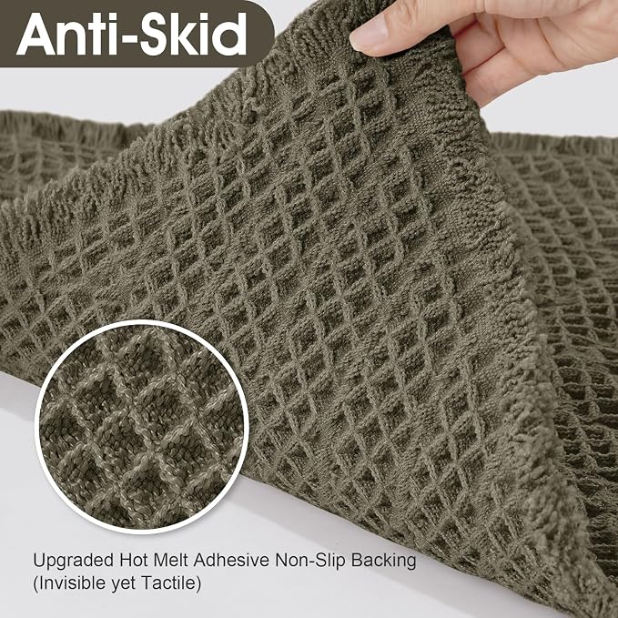 Upgraded Waffle Bath Mat, 32"x20" Greyish Green-Herringbone, Super Absorbent Non-Slip Quick Dry Bathroom Rugs with Tassels, Machine Washable Ultra Soft Boho Bath Rugs, Toilet Mats Boho Farmhouse Decor