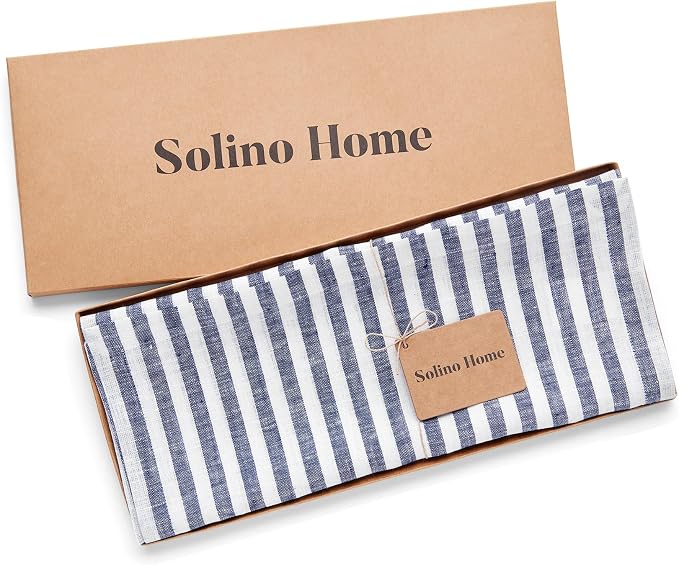 Solino Home Linen Table Runner 144 Inches Long - Amalfi Stripe, 100% Pure Linen Navy and White Table Runner 14 x 144 Inch for Dining, Summer, 4th of July