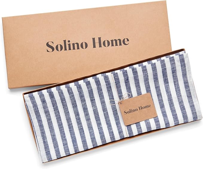 Solino Home Linen Table Runner 36 Inches - Amalfi Stripe 100% Pure Linen Navy and White Table Runner 14 x 36 Inch Ideal for Dresser and Coffee Tables - Summer, 4th of July