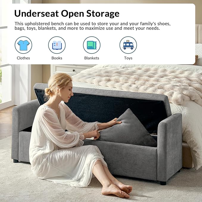 EcoHarbor Storage Ottoman Bench with Pillows, 59.4" End of Bed Bedroom Bench with Arms, Footrest Stool for Living, Dining Room, Entryway and Hallway, Grey