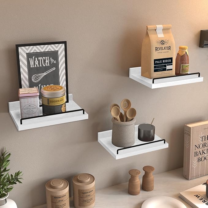 RYOFOBETTO Small Floating Shelf, 6X9 Inches Farmhouse Wall Shelves for Living Room, Bedroom, Picture Frames, Plants, Kitchen, Set of 3 (White and Black)