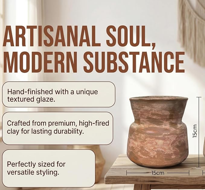 6in Rustic Ceramic Vase Home Decor, Handmade Vintage Stoneware Clay Pottery Terracotta Textured for Modern Farmhouse, Living Room, Office Desk Table Shelf (Brown Gray)